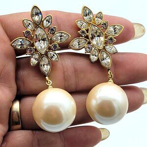 Monet Faux Pearl & Rhinestones Drop Dangle Earrings Gold Tone Statement